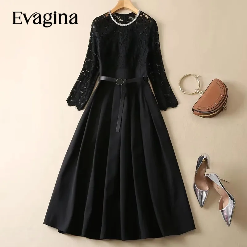 

Evagina New Fashion Runway Designer Women's Round Neck Long Sleeve Lace Patchwork Detachable Belt Black Vintage Dress