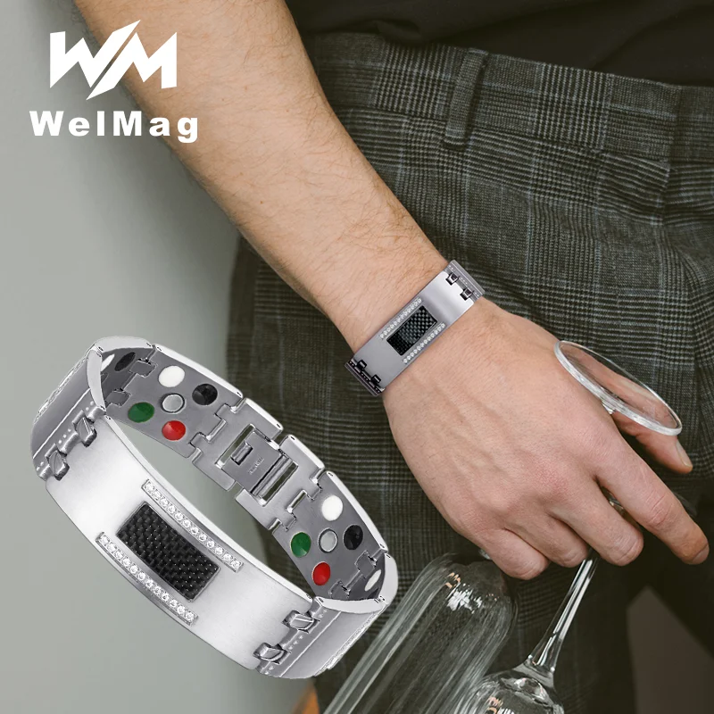 WelMag Fashion Exquisite Crystal Magnetic Titanium Bracelets Bangles For Men Germanium Tourmaline Male Health Jewelry Wristband