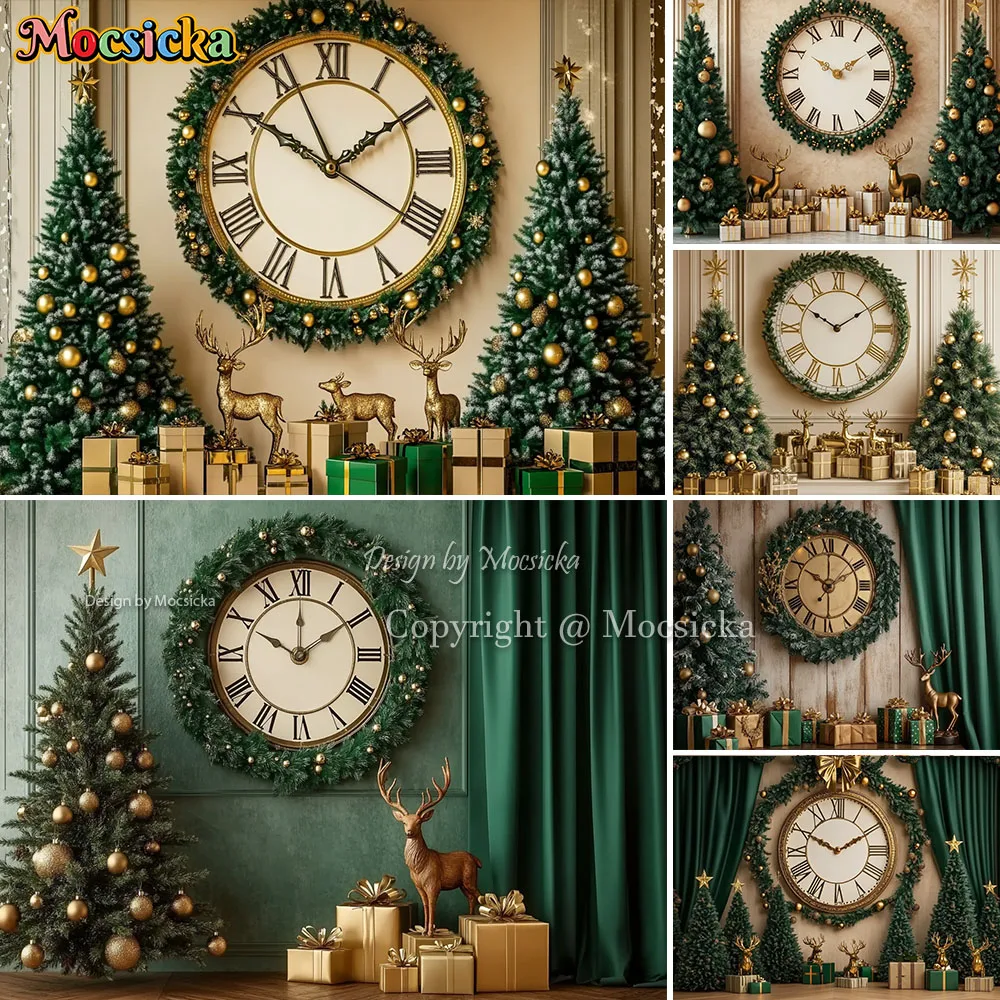 Mocsicka عيد الميلاد ساعة جدار خلفية التصوير الفوتوغرافي شجرة عيد الميلاد الذهبي الأيائل هدية صندوق خلفية الشتاء السنة الجديدة الأسرة استوديو الصور