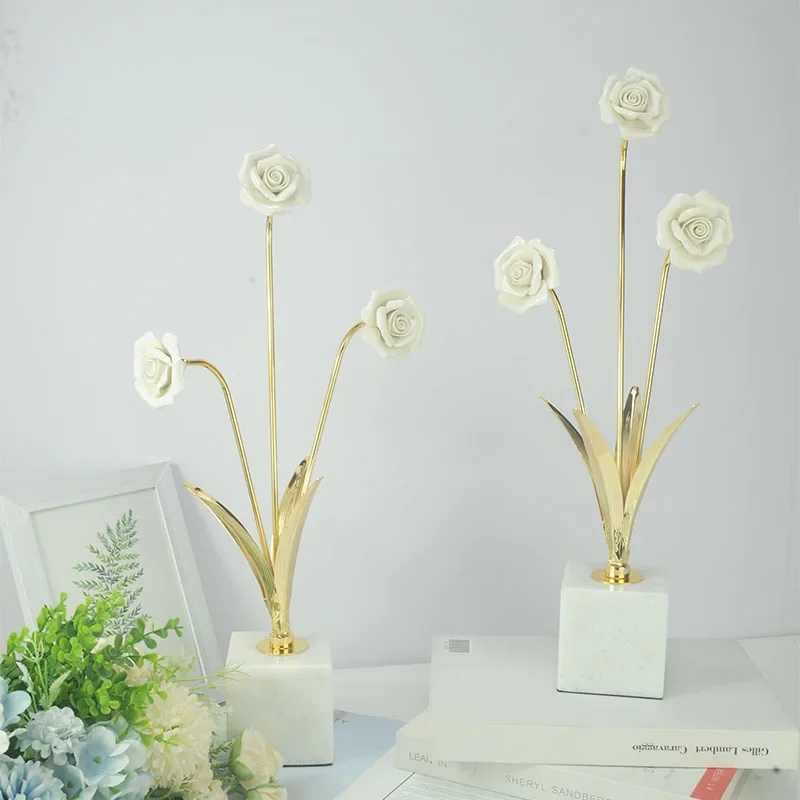 White Rose Golden Flower Ornaments Marble Base Desk Decoration Creative Bouquet Flower Crafts Statue Room Aesthetics Decor