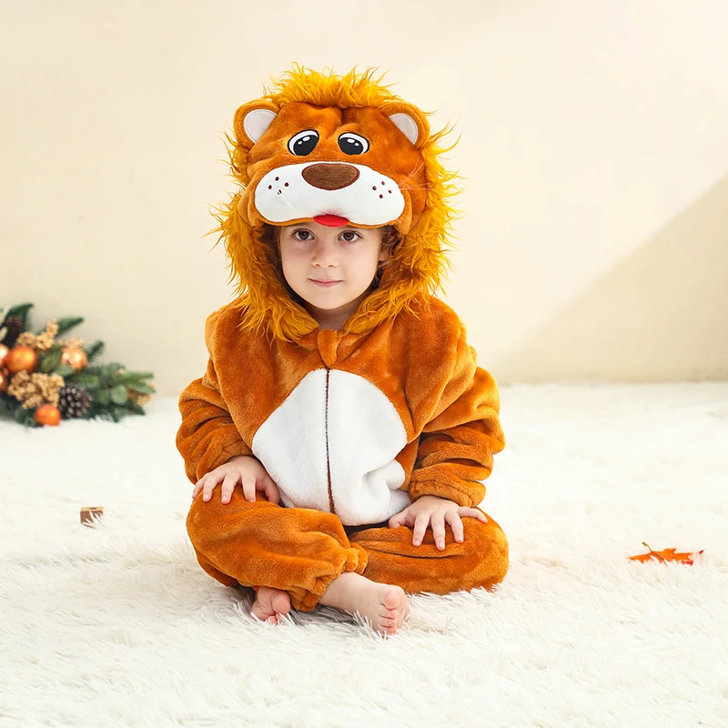 Winter Baby Clothes Onesie Baby Animal Lion Costume Hooded Warm Bodysuit Cute Animals Romper Flannel Outfit Boys Girls Clothes