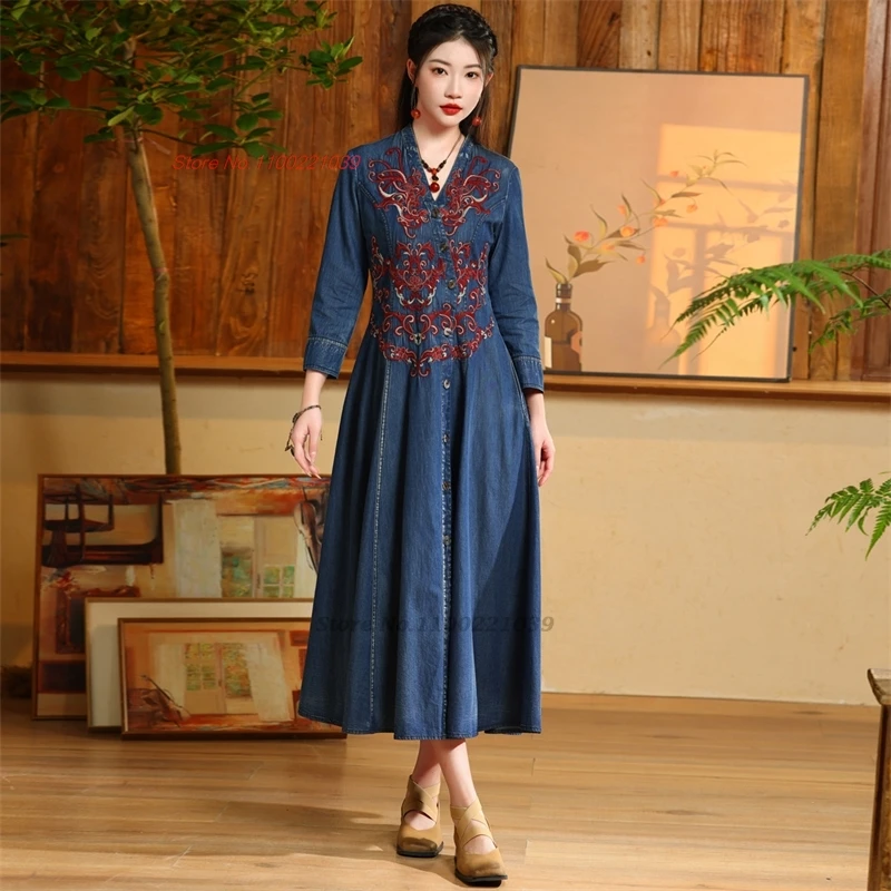 

2024 chinese traditional hanfu improved denim dress national flower embroidery v-neck folk dress vintage a-line folk loose dress