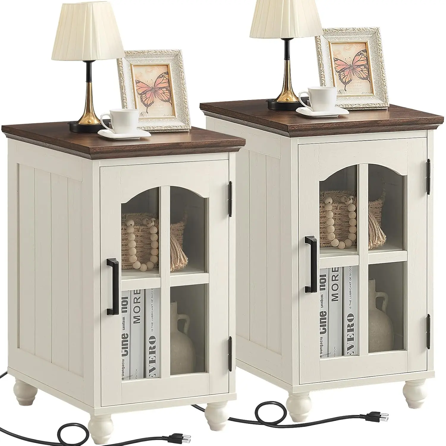 Ensemble de 2 tables d'appoint étroites blanches avec station de charge, table d'appoint en verre st
