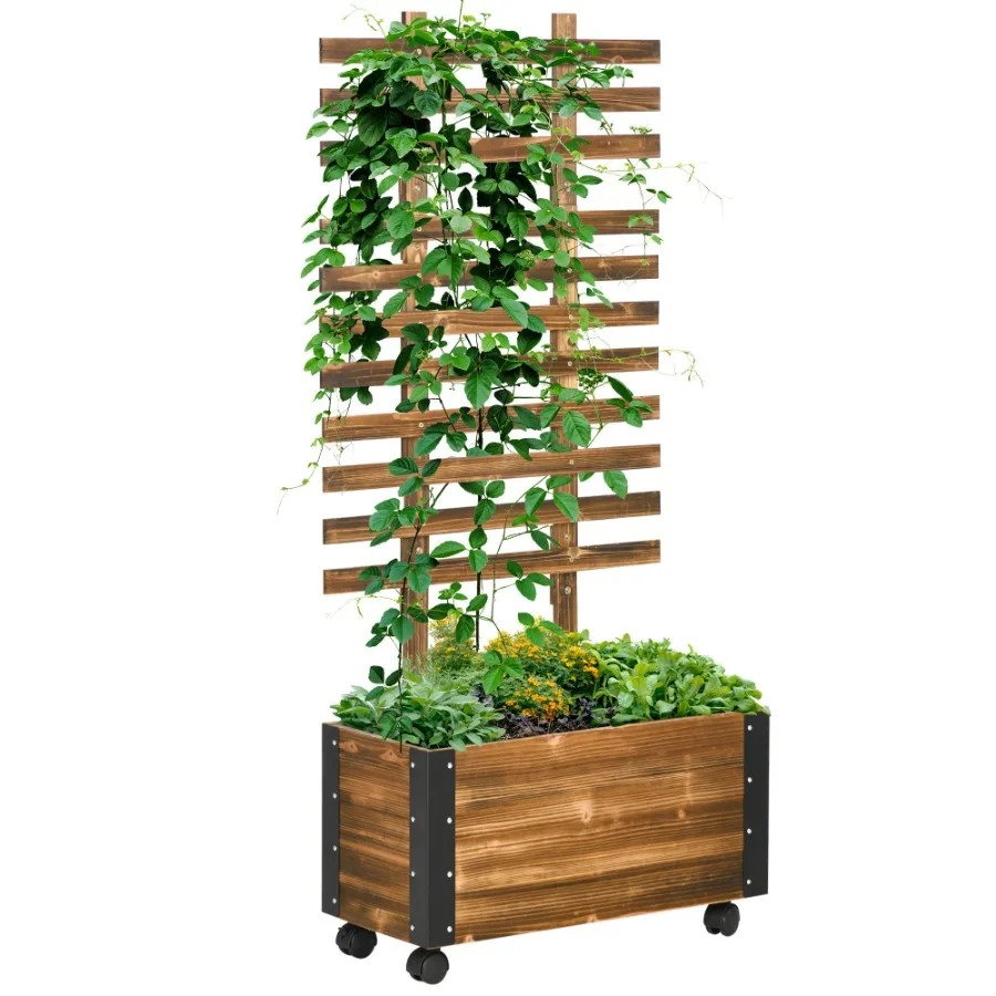 

Raised Garden Bed with Trellis 58 Outdoor Wooden Planter Box with Wheels for Vine Plants Flowers Climbing and Planting Brown