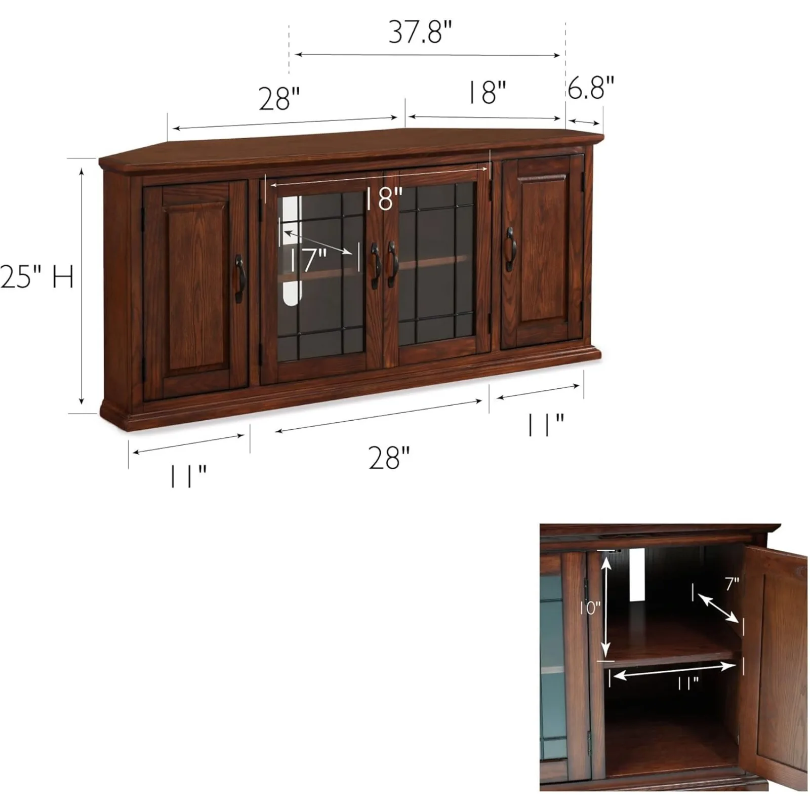 US 80386 Soporte para TV esquinero de vidrio con plomo y almacenamiento cerrado para televisores de 60", roble quemado