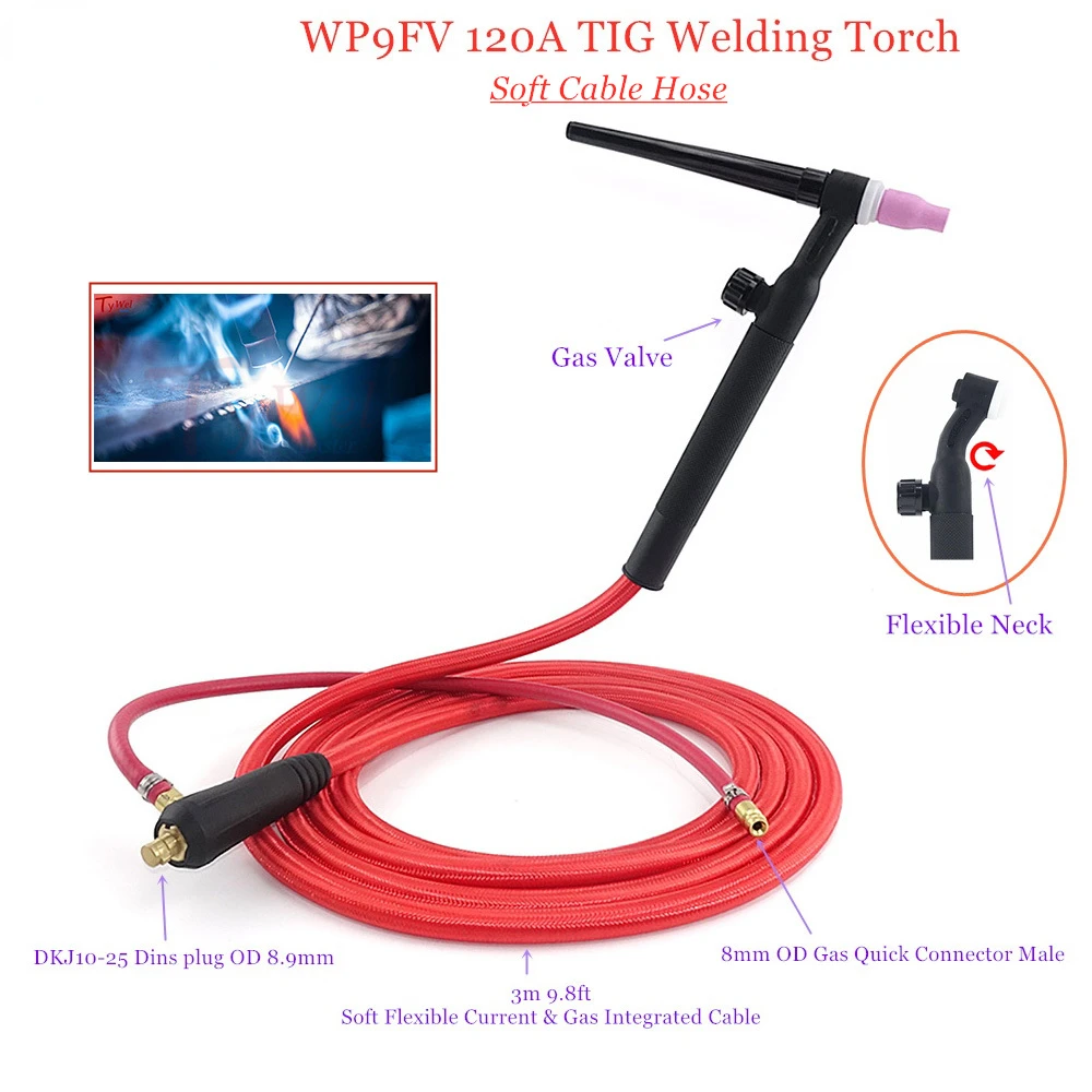 WP9FV 120A tig溶接トーチ3メートルソフトホースガスタングステンWP9アルゴン空冷柔軟なバルブ10-25 8ミリメートルクイックコネクタ溶接機