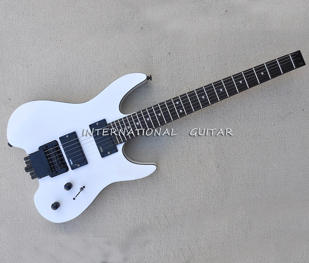 6 Strings White Headless Electric Guitar with Black Binding,24 Frets,Rosewood Fretboard