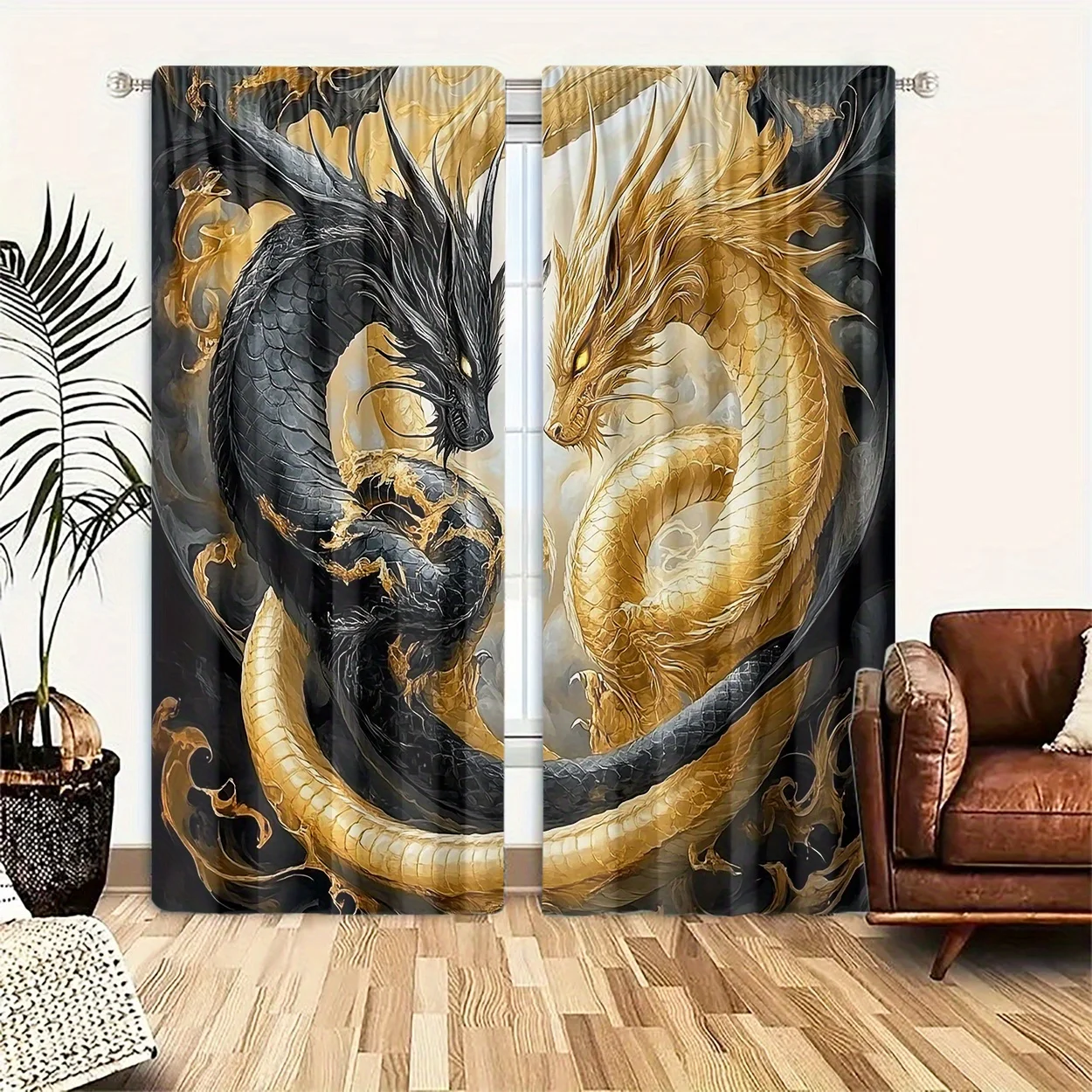 2PC Black & Gold Dragon Light-Filtering Curtains – HD Digital Print,Pocket Rod Top for Bedroom, Living Room, Office – Home Decor