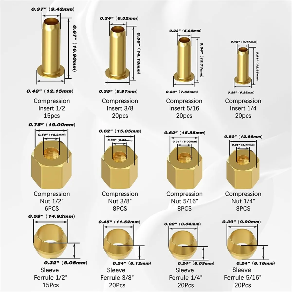 AT16 180PCS Compression Fittings Assortment Kit-(1/4In, 3/8In, 5/16In, 1/2In) of Brass Compression Sleeve Ferrule,Insert&Nuts