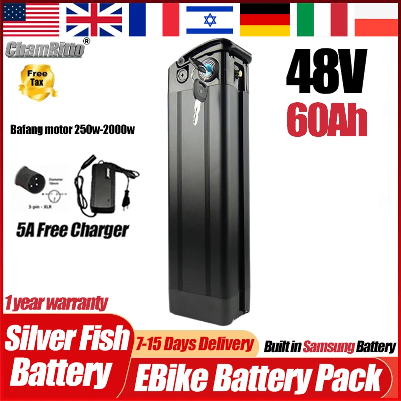 48v 52 72v Electric Bike SilverFish Lithium Battery 20ah 40 45 50ah 60ah Akku Accu De Litio 30ah for 350w 750w 1000w 2000w Motor