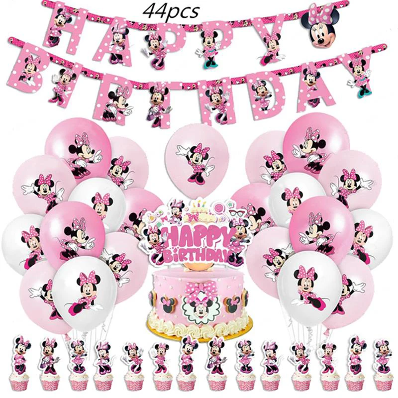 Disney Minnie Mouse Birthday Party Decoration Disposable Tableware Cup Plate Straws Minnie Balloons Supplies Baby Shower Girls