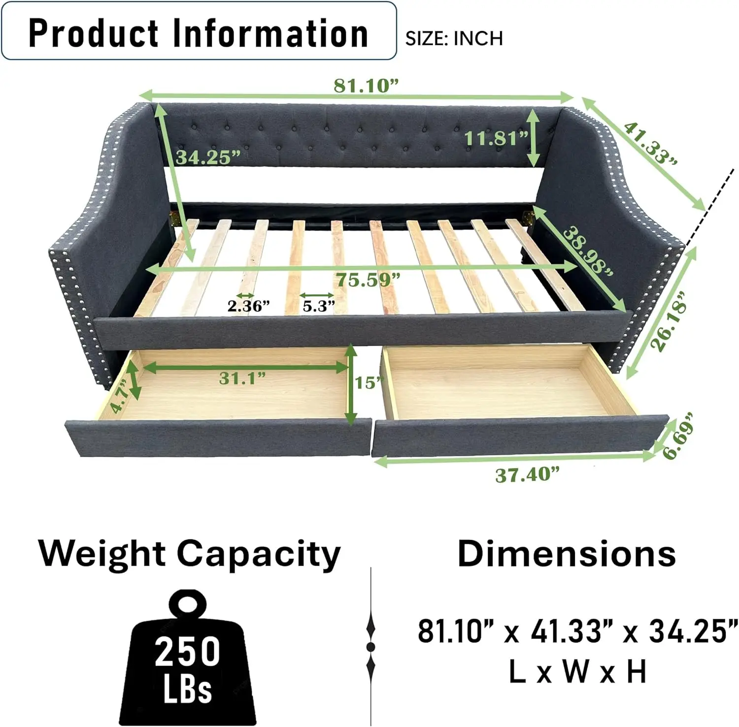 Twin Size Upholstered Daybed With Storage Drawers, Solid Wood Sofábed Bed Frame With Linen Fabric & Wood Slat Support For