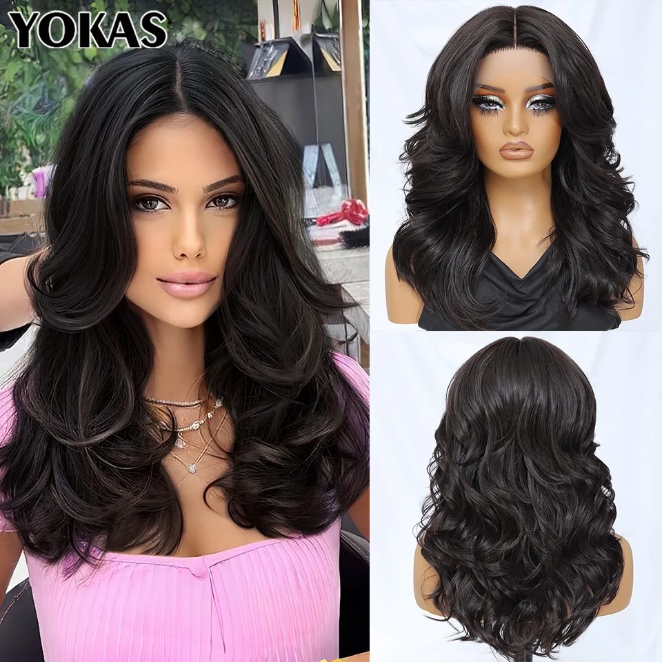 

18-дюймовый синтетический парик фронта шнурка для женщин с высокотемпературным волокном Блондинка Черный 13X5X1 Парики фронта шнурка для женщин Парики с объемной волной