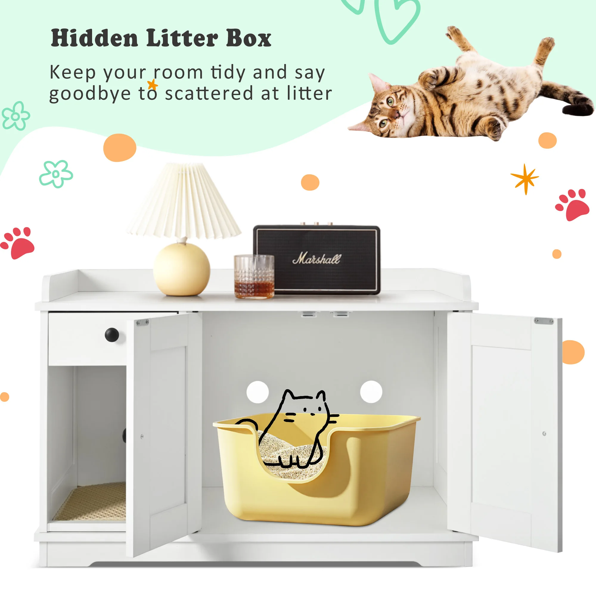 Hidden Cat Litter Box Furniture Farmhouse Style Cat House with Storage Drawer