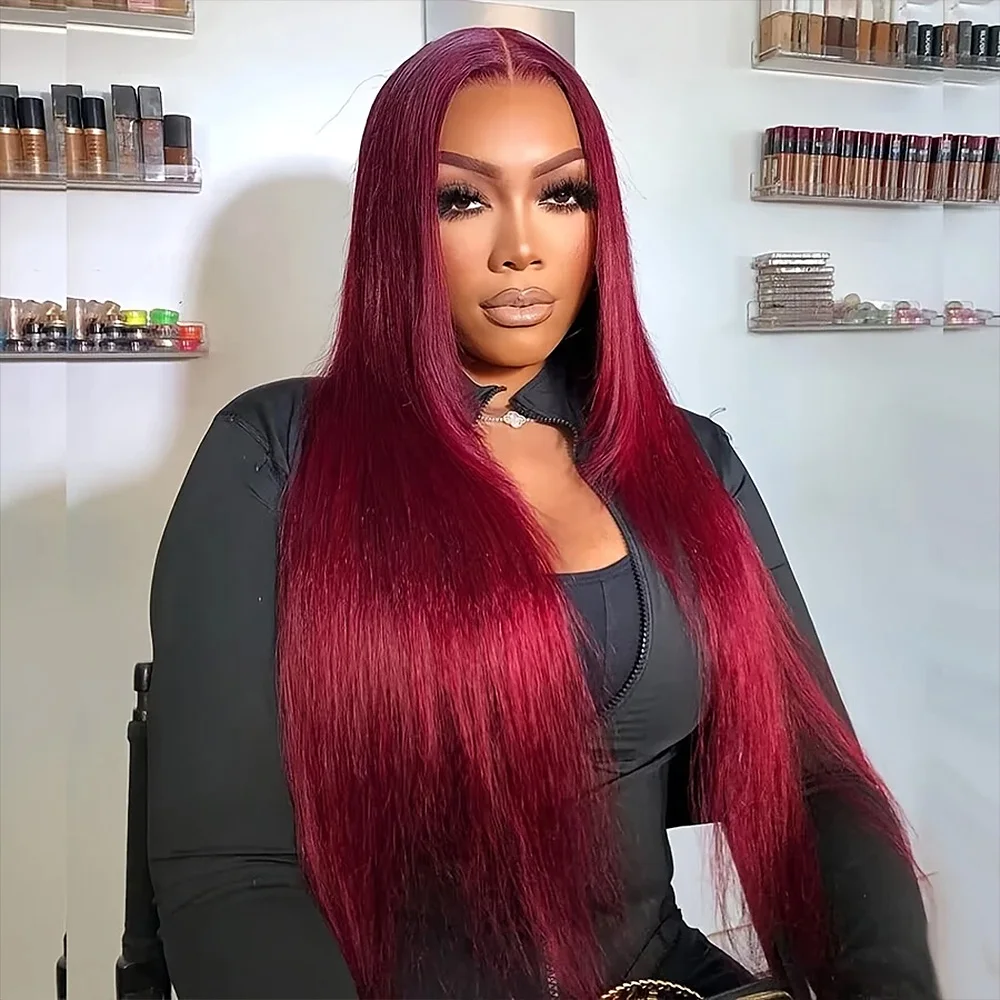 Pelucas de cabello humano liso 99J de 200% de densidad Color burdeos para mujeres 13x4 encaje transparente prearrancado
