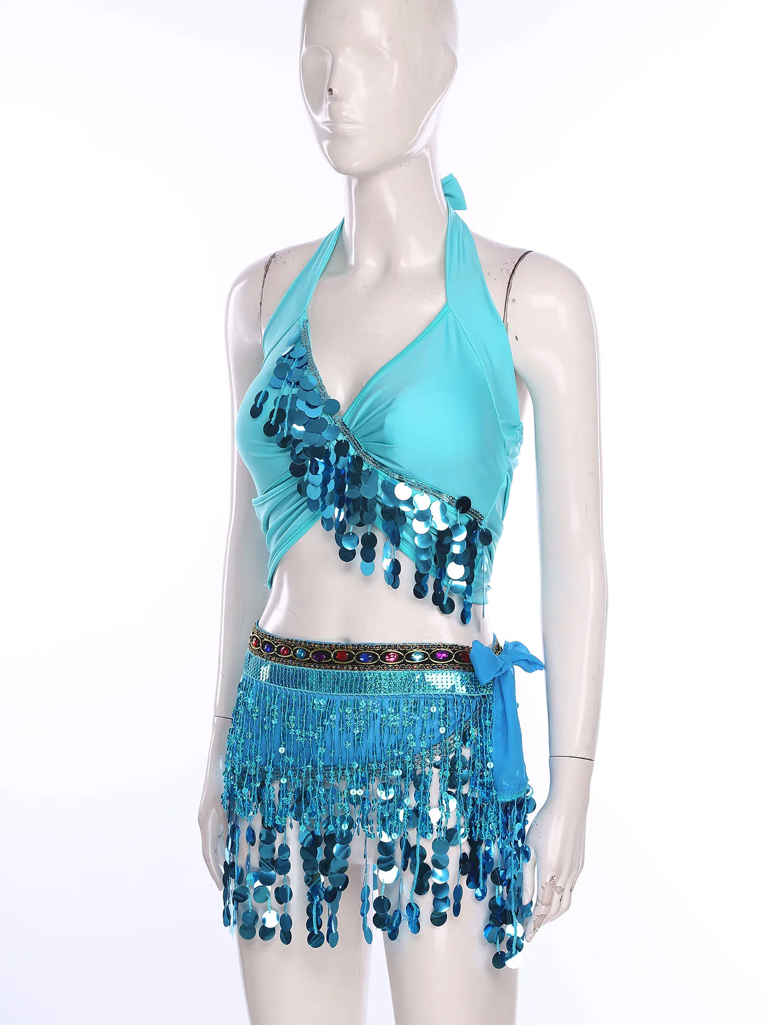 Women Shiny Belly Dancing Outfit Tassel Sequin Halter Crop Top with Fringe Hip Scarf Carnival Theme Party Performance Costume