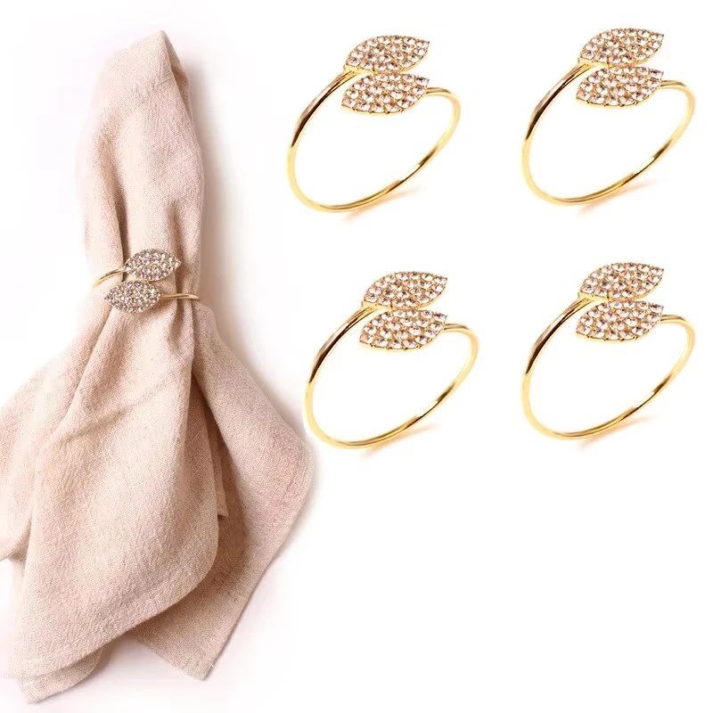 4 Stücke Gold Serviettenring Blatt Strass Serviettenschnallen Serviettenhalter für Hochzeit Weihnachten Party Abendessen Tischdekoration Neu