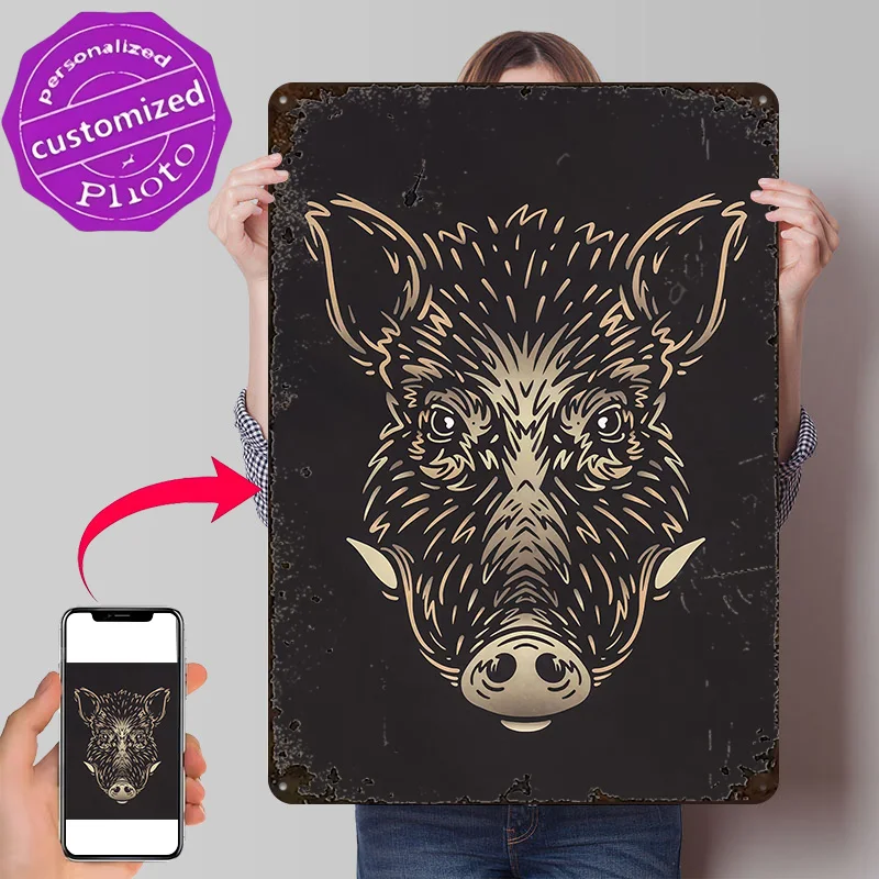 Wild Boar Forest Animal 3D Texture Metal Poster Customized Wall Art Tin Sign Gift for Mancave Home Decoration Gaming Room Decor