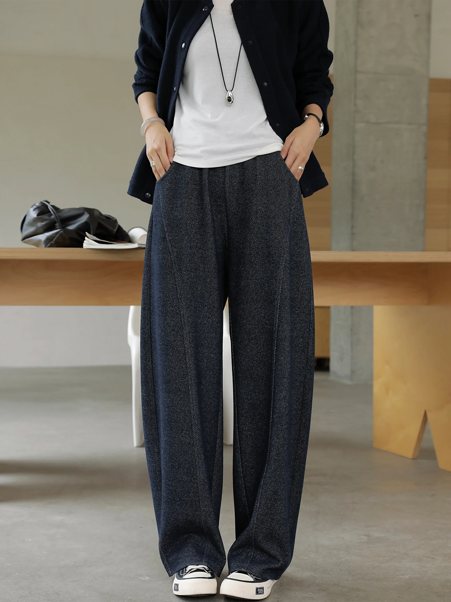 

Blue Denim High Waist Elastic Wide Leg Scythe Pants Women's Casual Trousers Comfortable Loose Fit Autumn New Sle Commute Wind