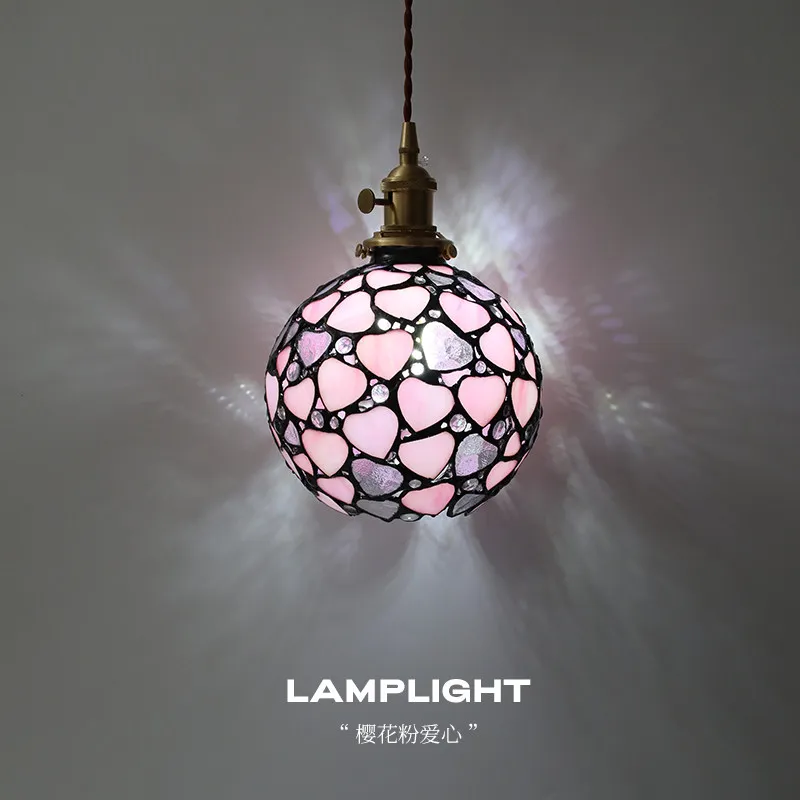 Love Hollow Round Ball French Retro Pendant Light Bedroom Bedside Entrance Bar Counter Aisle Romantic Colored Glass Hanging Lamp
