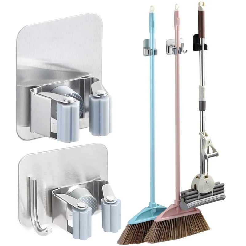 

Wall Mounted Mop Hooks Self Adhesive Strong Mop Organizer Clips Stainless Steel Broom Holder Bathroom Organizer Accessories