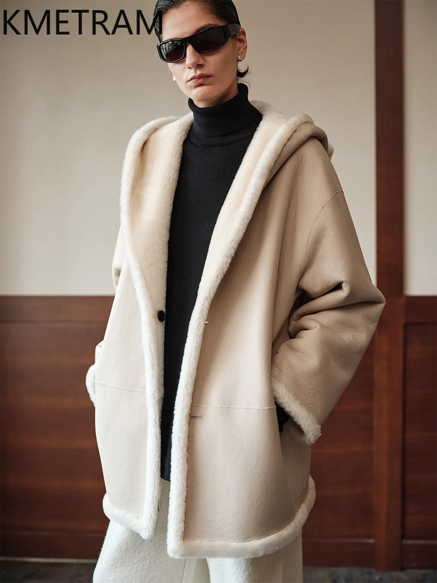 KMETRAM peau de mouton mérinos naturelle avec laine attaché manteau réversible vraie fourrure veste avec capuche 2025 hiver femme vêtements шу pia