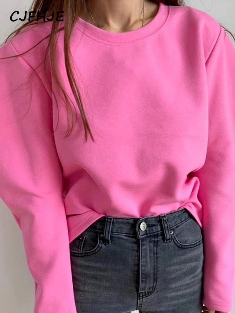 

CJFHJE Casual Black Women Sweatshirts Solid Color Autumn Loose Sweatshirt Female Winter Long Sleeve Pink Simple Sweatshirts Lady