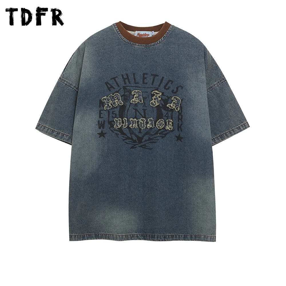 

Patch Letter Denim Short Sleeve T-shirt Mens Retro Streetwear Summer Washed Distressed Spliced Crew Neck Half-Sleeve tee Men