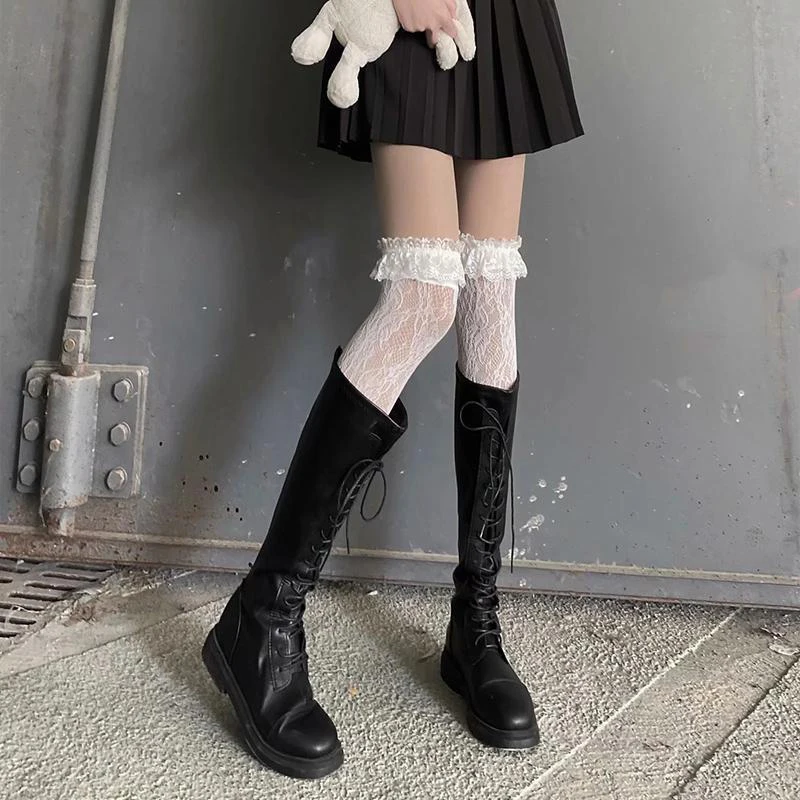 Women Lolita Fishnet Thigh High Socks Japanese Style Heart Striped Lace Patterned Over Knee Long Stockings Ruffled Frilly Kawaii