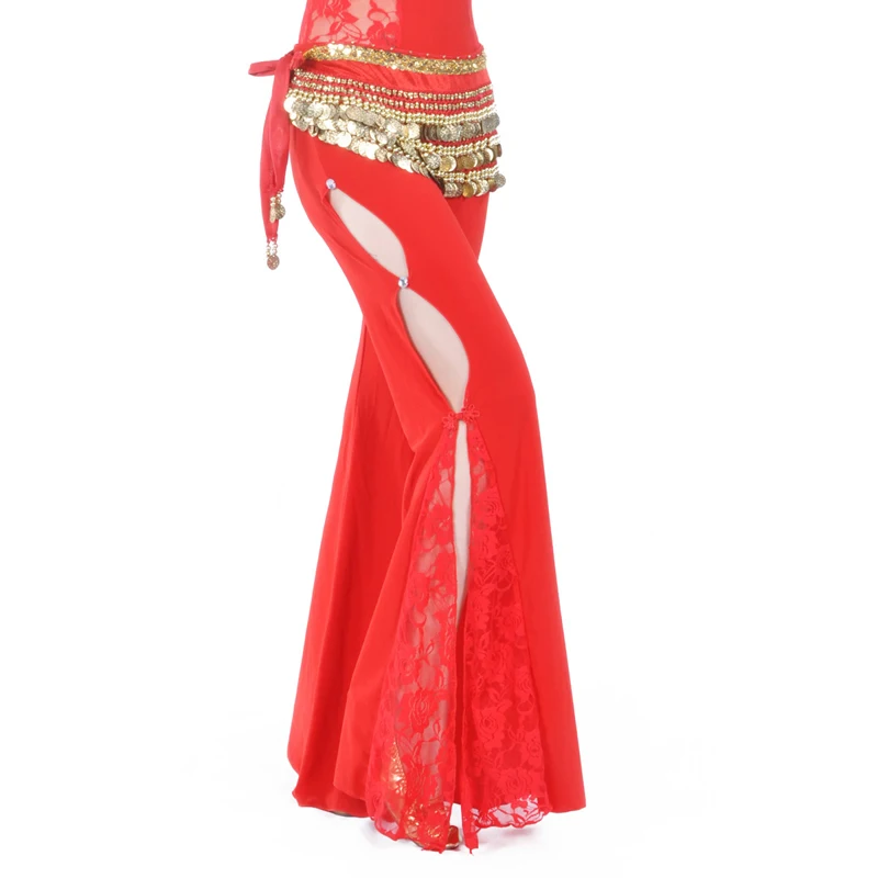 Women's Sexy Flare Dance Pants Belly Dance Costume Lace Sides Split Pants Lace Bollywood Indian Dance Costume, No Waist Chain