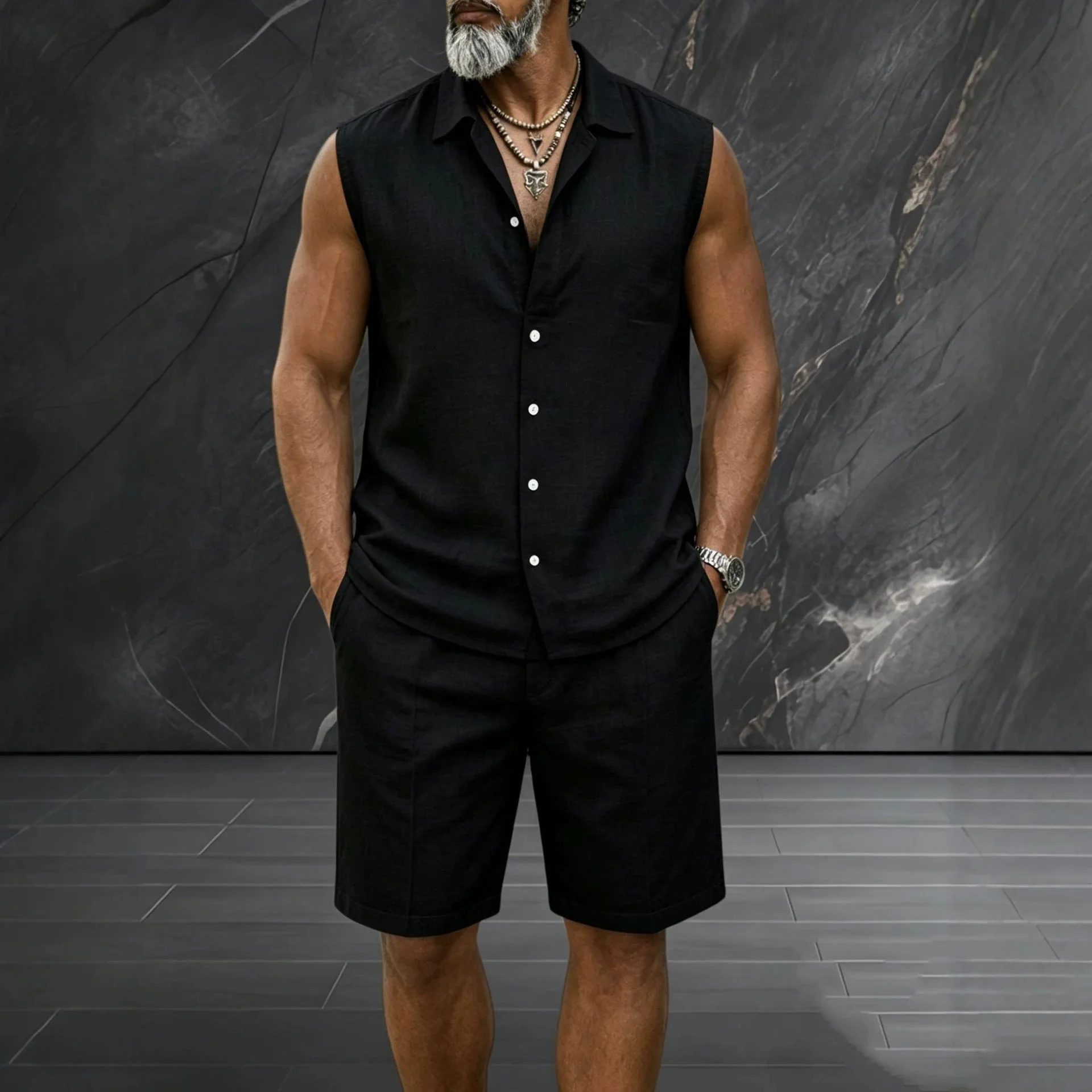 Casual Solid Color Linen Men's Lapel Sleeveless Vest Shirt Shorts Casual Beach Suit