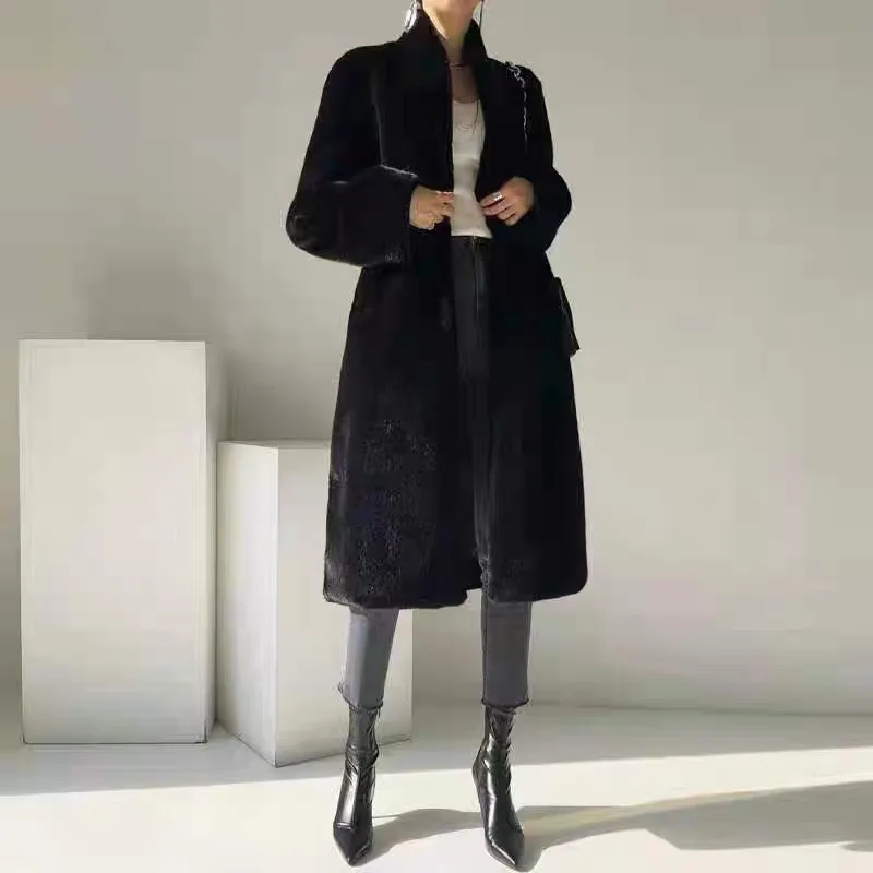 Winter Long Women's Jacket New Imitation Mink Velvet Fur Thick Warm Fluffy Hairy Soft Faux Mink Fur Coat Stand Collar