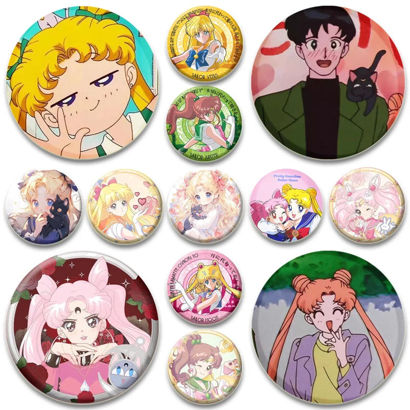 Handmade Anime Brooches Tsukino Usagi Chibiusa Ami Rei Makoto Cartoon Badge Sailor Warrior Round Pins Accessorie Gifts