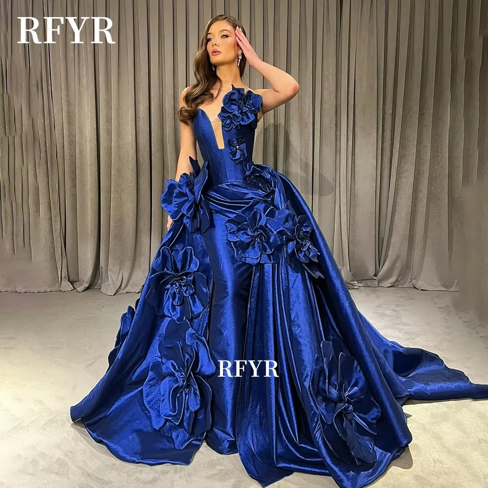 

RFYR Mermaid Party Dress 3D Flowers Prom Dress with Detachable Train Evening Gown for Arabic Women مناسبة رسمية C