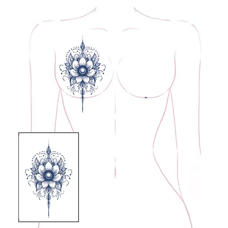 Blue Floral Lace Chest Nipple Cover Temporary Tattoo Sticker Waterproof Fake Tattoo Body Art for Women