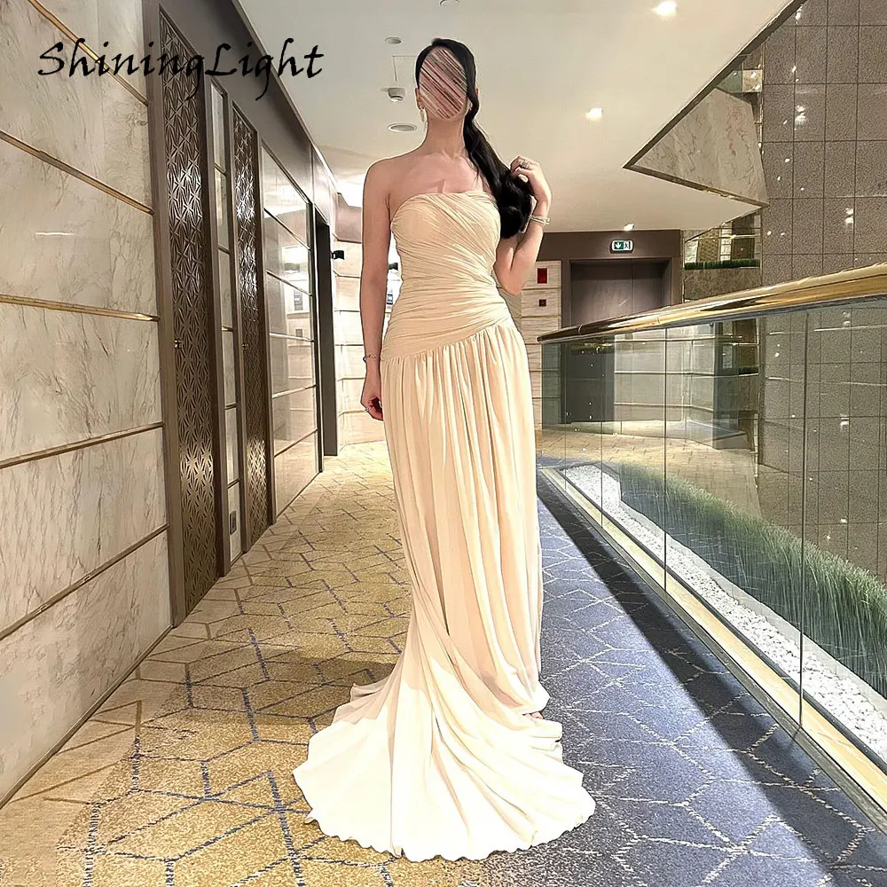 ShiningLight A ラインストラップレスイブニングドレスサウジアラビアシフォンロングウエディングドレスドバイパーティードレスローブドソワレカスタマイズ
