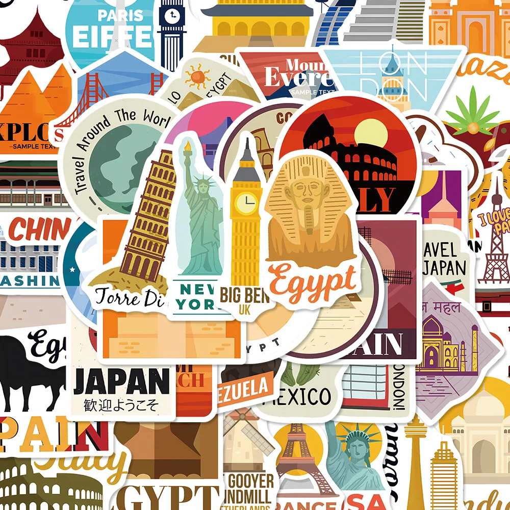 

50 pcs World City landmark series travel architecture stickers to decorate suitcases, phone cases and computer graffiti stickers