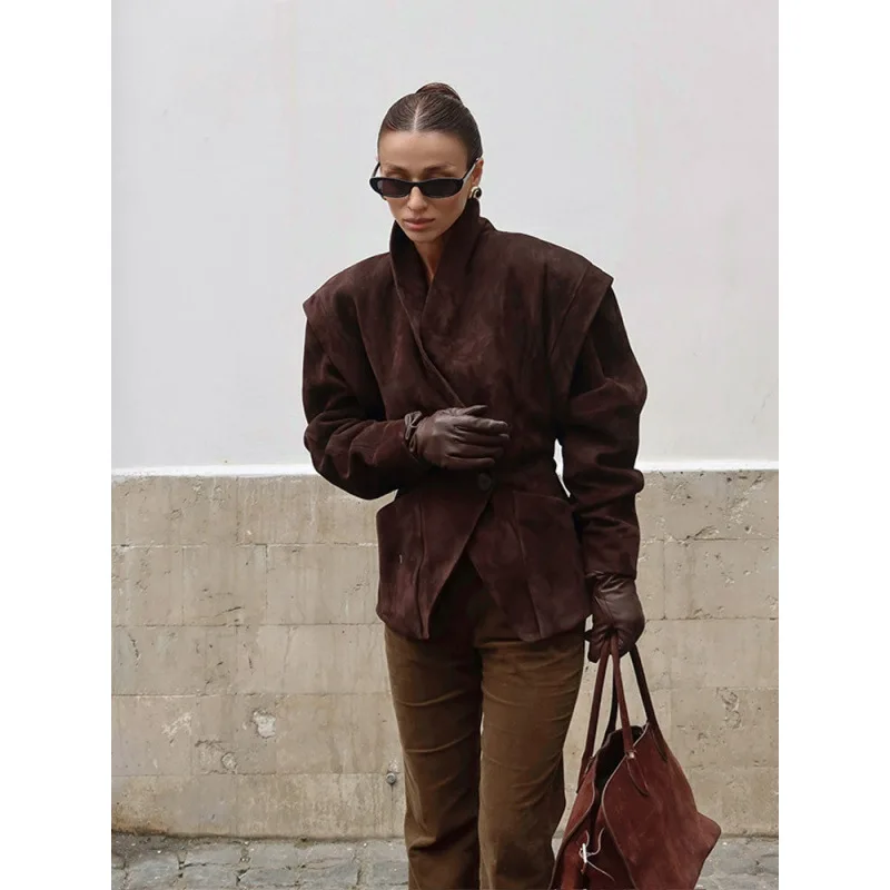 Bangniweigou Pure Color Lapel Collar Waist-Cinching Slim Fit Suede Jacket Women 2025 Full Sleeves Khaki Coffee Outerwear