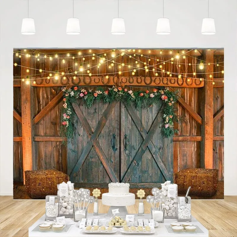 Rustic Barn Backdrop Wooden Barn Door Retro Cowboy Style Farm Photography Background  Party Cake Table Decoration Studio Props