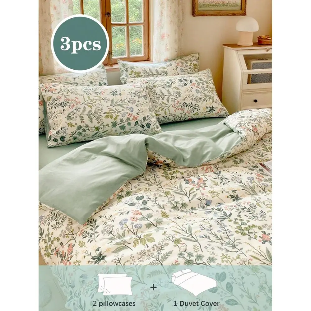 

Delicate Flower Printed, Small Floral, Leaves Pattern, AntiPilling, Light Green, Brushed, Polyester Fiber Quilt Cover Set, Suit