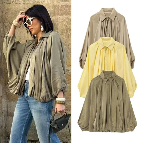 Chaquetas Bomber de satén fruncidas elegantes para mujer, chaqueta informal con cremallera para primavera y otoño, abrigos de manga larga, prendas de vestir exteriores elegantes para mujer 2025 Ne