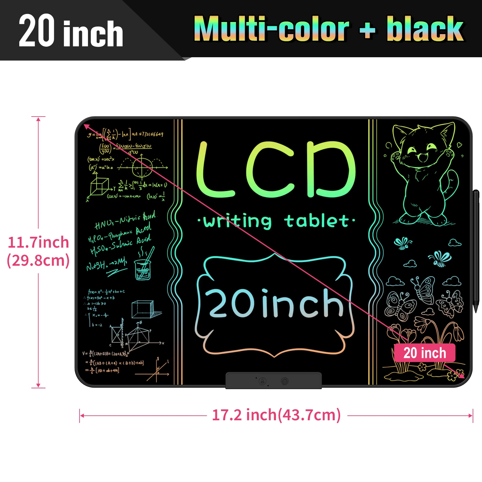 Tablet de escrita LCD recarregável de 20 polegadas, prancheta de desenho de grafite apagável multicolorida para aprendizagem e educação