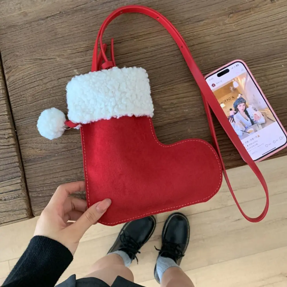 Bolso cruzado de gamuza de estilo coreano Simple, bolso de calcetín de Navidad ligero y esponjoso, bolso de bota de felpa informal de lana de cordero para exteriores