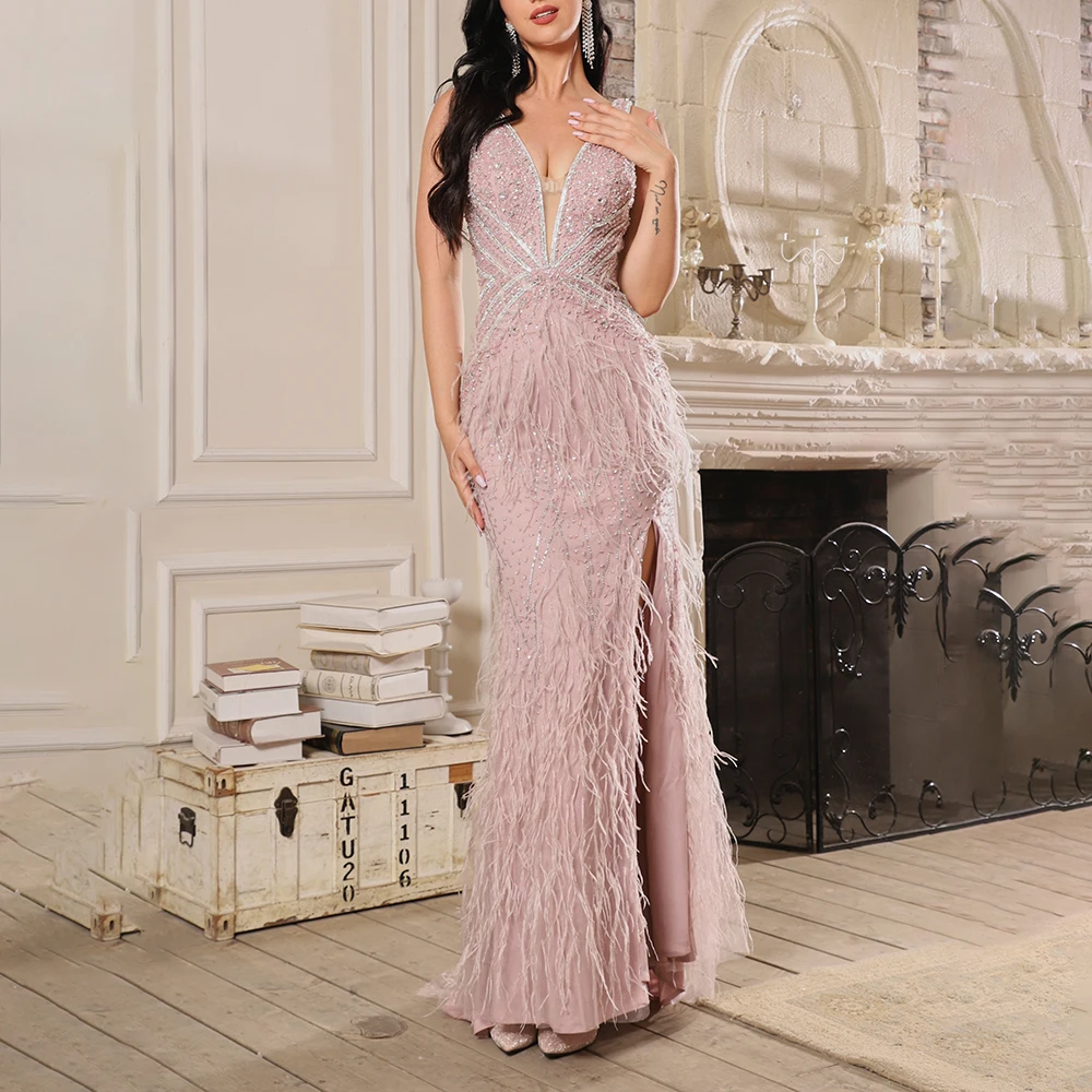 Luxury Deep V-Neck Sexy Side Slit Mermaid Evening Dresses Beaded Feathers Sleeveless Formal Gowns For Women Wedding Party Wear