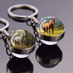 Horse Pattern Keychains White Brown Horse Racing Double Sided Glass Ball Pendant Key Chain Fashion Animal Jewelry Keyring Gift