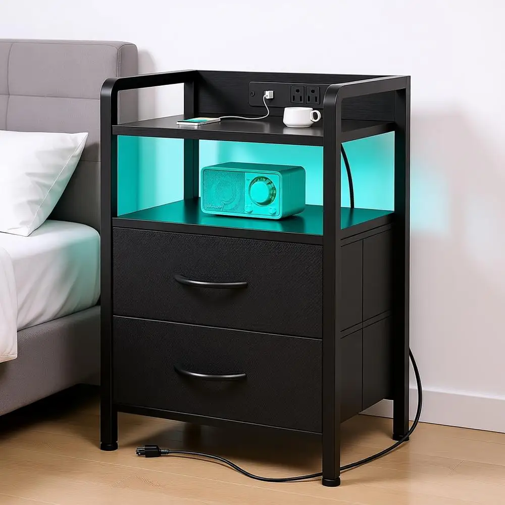 

Прикроватная тумбочка с зарядной станцией и светодиодной подсветкой, полкой для хранения и 2 ящиками, современный приставной столик с USB-портами и розетками переменного тока