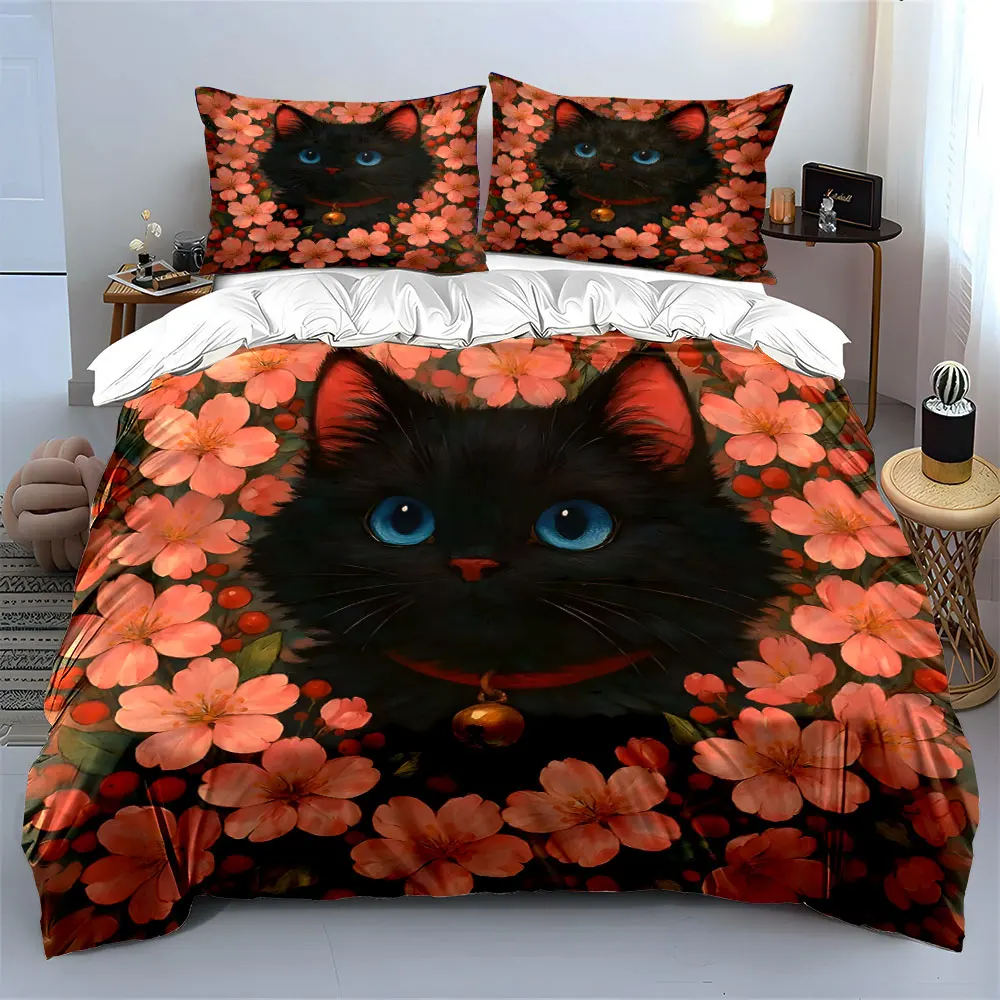 Black Cat Surrounded by Pink Blossoms Print Bedding Set 1 Duvet Cover 2 Pillowcases for Adult and Children Luxury Gift Full Size