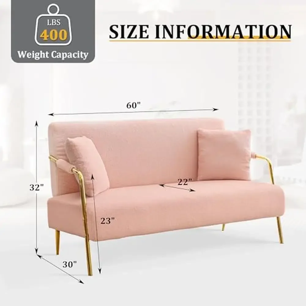 Bouclé Fabric Loveseat Sofa Mid-Century 2 Seater Upholstered Couch Gold Metal Legs with 2 Pillows