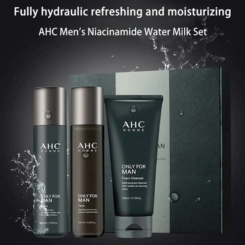طقم تنظيف لوشن تونر مكون من ثلاث قطع للرجال من AHC، مرطب، تحكم في الزيت، منعش، تنظيف عميق وبشرة