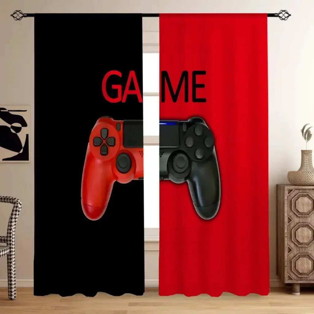 2pcs Gamepad Red Black Printed Translucent Curtains For Living Room Rod Pocket Curtain Multi-scene Polyester Decorative Drapes